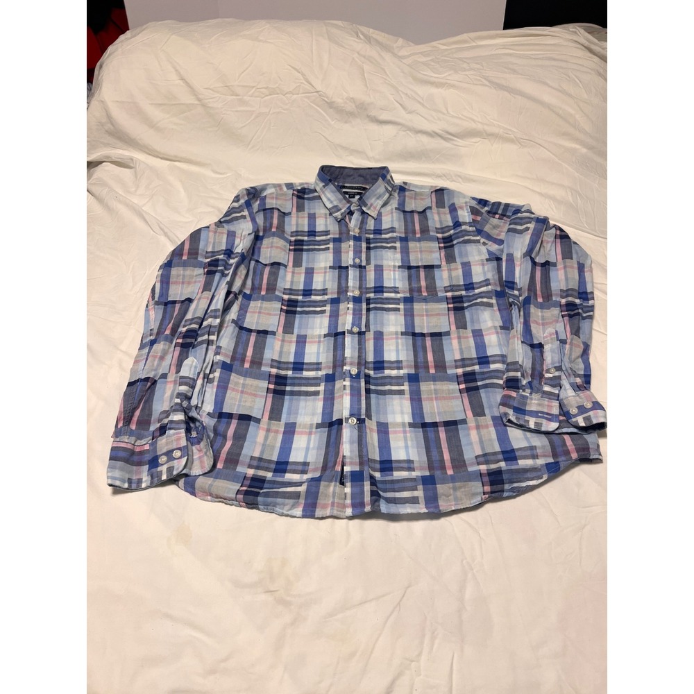 Crown & Ivy Mens XXL Classic Fit Plaid Button Down Shirt Blue Pink Cotton